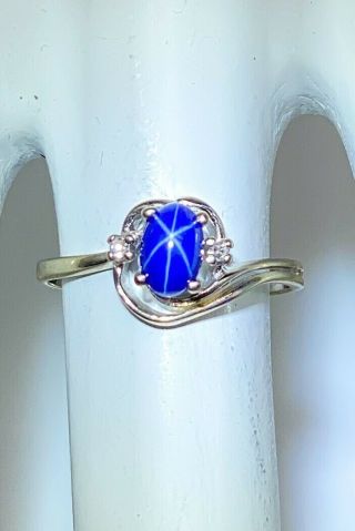 Vintage 1960s 1ct Blue Star Sapphire Diamond 10k White Gold Ring