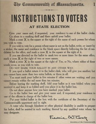 Vintage Commonwealth Of Massachusetts Instructions To Voters At State Election