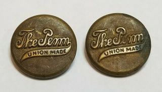 (2) Antique Vintage Brass The Penn Union Made Overall Buttons Wobble Shank 1/2 "