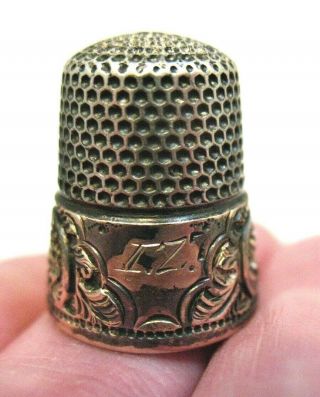 Antique Sterling Silver 14k Gold Thimble Initials " I.  Z.  " 6.  6 Grams
