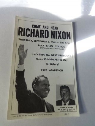 Nixon Presidential Campaign Flyer 9/5/1968 With Ronald Reagan At Santa Clara
