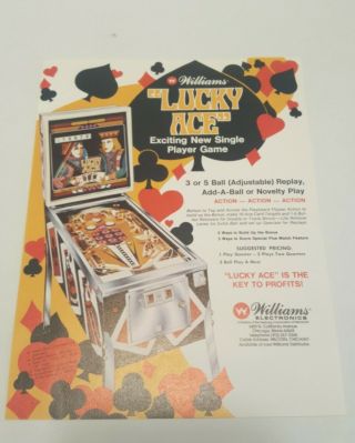 1974 Williams Lucky Ace Vintage Pinball Machine Flyer Ad Nos