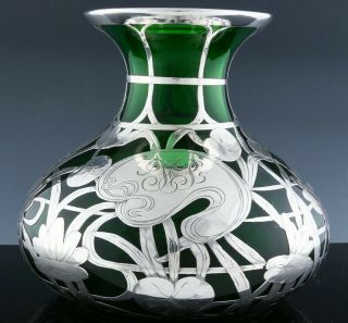 Large C1900 Art Nouveau Gorham Sterling Silver Overlay Green Glass Vase
