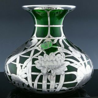 LARGE c1900 ART NOUVEAU GORHAM STERLING SILVER OVERLAY GREEN GLASS VASE 4