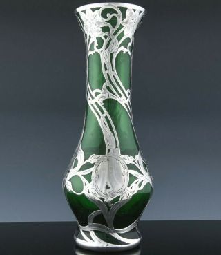 Large Art Nouveau Alvin.  999 Sterling Silver Overlay Green Glass Vase