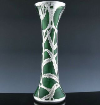 Rarec1910 Large Gorham Art Nouveau Deco Sterling Silver Overlay Green Glass Vase