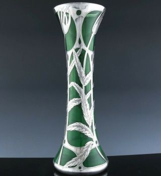 RAREc1910 LARGE GORHAM ART NOUVEAU DECO STERLING SILVER OVERLAY GREEN GLASS VASE 3