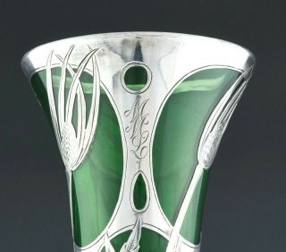RAREc1910 LARGE GORHAM ART NOUVEAU DECO STERLING SILVER OVERLAY GREEN GLASS VASE 4