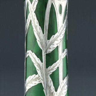 RAREc1910 LARGE GORHAM ART NOUVEAU DECO STERLING SILVER OVERLAY GREEN GLASS VASE 5