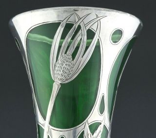 RAREc1910 LARGE GORHAM ART NOUVEAU DECO STERLING SILVER OVERLAY GREEN GLASS VASE 6
