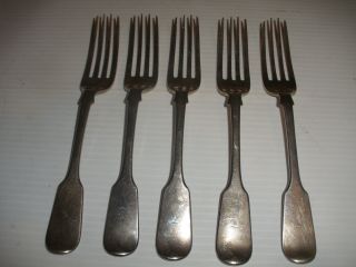 Set Of 5 Antique English Elizabeth Eaton London Sterling Silver Forks 1848