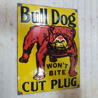 BULL DOG CUT PLUG 12 X 16 INCHES VINTAGE ENAMEL SIGN 3