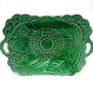 Vintage Green Majolica Sunflower Footed Bowl Serving Dish Platter With Handles