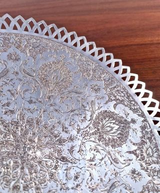 Persian 875 Solid Silver Footed Tray Traditional Engraving W/ Birds 356g