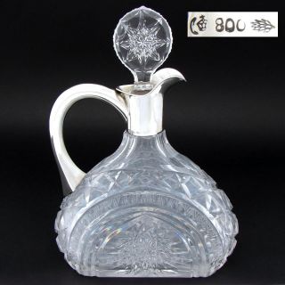 Antique Continental.  800 (nearly Sterling) Silver & Cut Crystal 9.  5 " Claret Jug