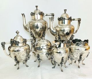 Antique Ornate Wilcox Silver Plate 6 Piece Tea Set Male Female Busts Quadruple