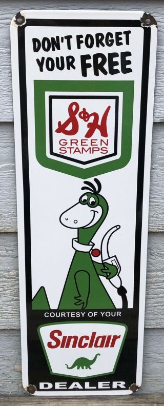 Large Vintage Sinclair S& H Green Stamps Gasoline Porcelain Gas Pump Sign Dino