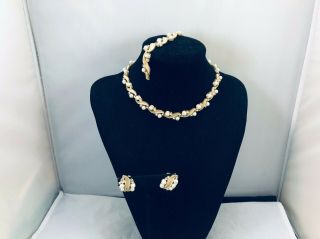 Vtg Crown Trifari Demi Faux Pearl & Rhinestone Leaves Necklace/bracelet/earrings