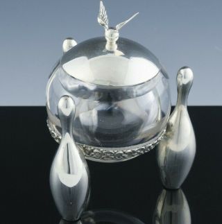 Rare 1880 Gorham Co Sterling Silver & Glass Bowling Pin Ball Figural Inkwell