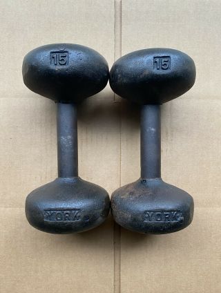 Vintage York Barbell 15 Lb Dumbbell Roundhead Bun Weights 30 Lbs Total Pre - Usa