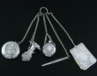 V.  Fine Victorian German Sterling Silver Plate Repousse Chatelaine Necessaire