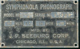 1938 Seeburg Symphonola Regal 40009 Serial Number Identification Plate Or Tag