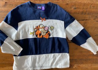 Winnie The Pooh Felted Tigger Crewneck Sweatshirt Adult Xl Navy Blue & White