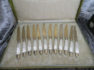 Antique French Empire Solid Silver Gilt And Pearl Set 12 Fruit Peelers C1890
