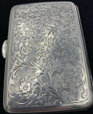 Stunning Antique Sterling Silver Card Case Engraving Leather Interior 1912