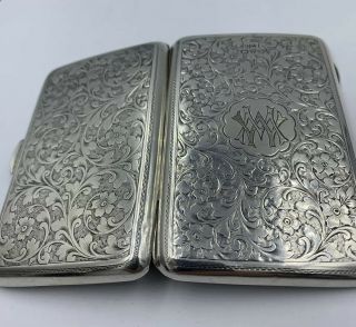 Stunning Antique Sterling Silver Card Case Engraving Leather Interior 1912 3