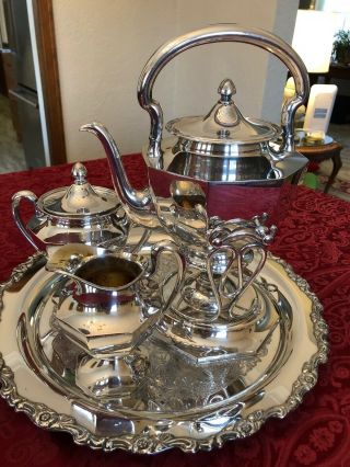 Unique Octagonal Vintage Silver Plated Tea Service Set With Pouring Cradle 5 Pc.