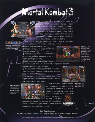 Midway Mortal Kombat 3 Arcade FLYER 1995 NOS Video Game Art Print MK3 2