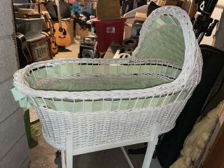 Vintage White Wicker Baby Bassinet With Mattress And Bedding