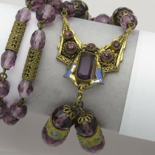 Vtg 1930’s Art Deco Czech Amethyst Glass Enamel Pendant Necklace