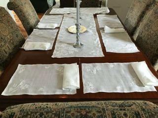 Set Of 8 Vintage Place - Mats W/ Napkins And Runner White Delicate,  Embroidered