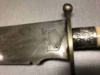 1850s J.  Prefer Sheffield Civil War Era Bowie Knife With Bone and Silver Handle 2