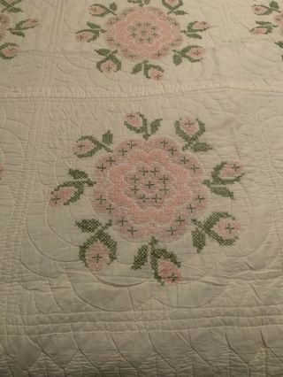 Vintage Handmade Hand Stitched Pink & Green Block Quilt Unknown Pattern Full