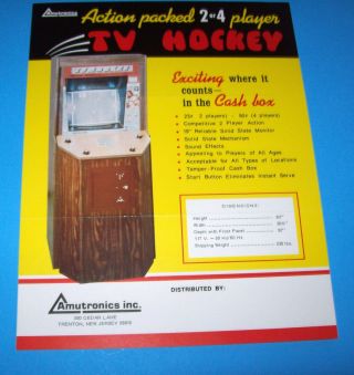 Tv Hockey By Amutronics 1973 Video Arcade Game Sales Flyer Pong Clone