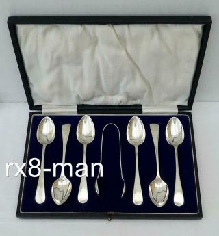 1920 Solid Sterling Silver Set Of 6 Tea Spoons & Sugar Tongs Cased 86g