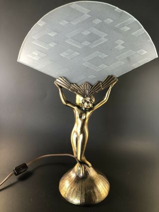 Vintage Art Deco Nude Lady Fan Table Lamp - Frosted Art Deco Glass Shade -