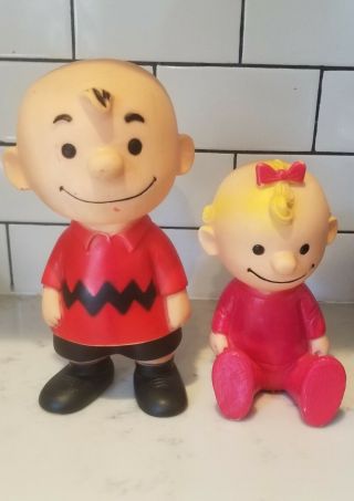 Vintage United Features Syndicate Charlie Brown And Sister Sally Polyvinyl Dolls