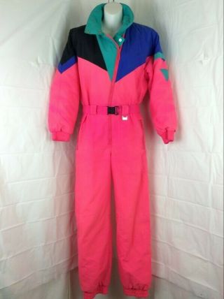 Vintage Womens Club Attivo Ski Snow Suit Size 14 Large Black Teal Pink