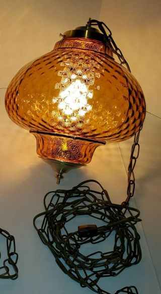 Vintage Mid Century Amber Glass Swag Lamp - Wiring & Chain - Brass