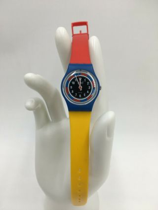 Vintage Ladies Swatch Watch Red Blue Yellow Tri - Color Racer Ls102 1985 Swiss