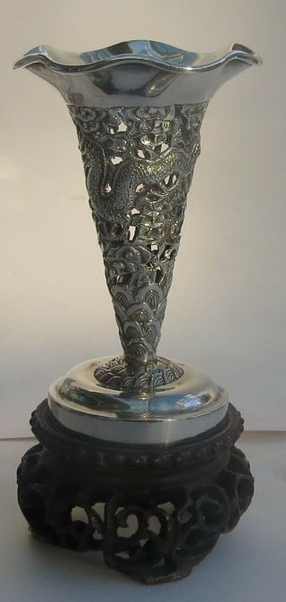 Antique Chinese Export Silver Dragon Vase By Luen Wo