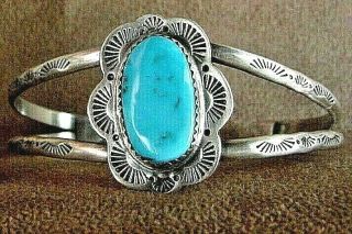 Signed Vintage Old Pawn Navajo Sterling Silver Natural Turquoise Cuff Bracelet