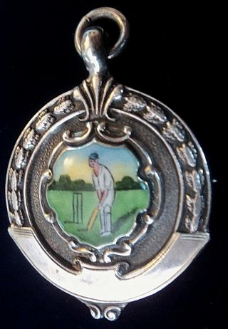 Attractive Sterling Silver Enamel Fob Medal / Brooch - Cricket H/m 1933 Chester