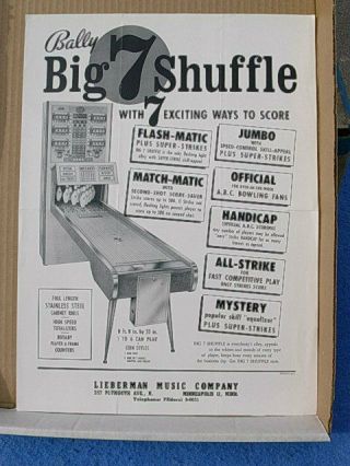 1962 Bally Big 7 Shuffle Arcade Game Advertising Flyer