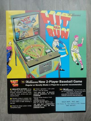 Hit Run Baseball Pinball Machine Flyer Williams Pitch & Bat
