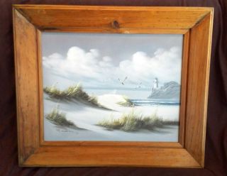 Vintage Oil On Canvas Painting Artist Signed Bird Seascape Lighthouse